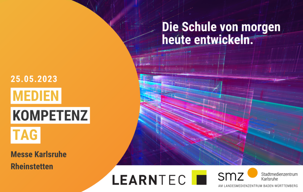 Flyer mit Infos zu den Medienkompetenztagen: Ein Orangener Halbkreis links, Bunte Linien, die auf ein Zentrum zulaufen in der rechten Bildhälfte