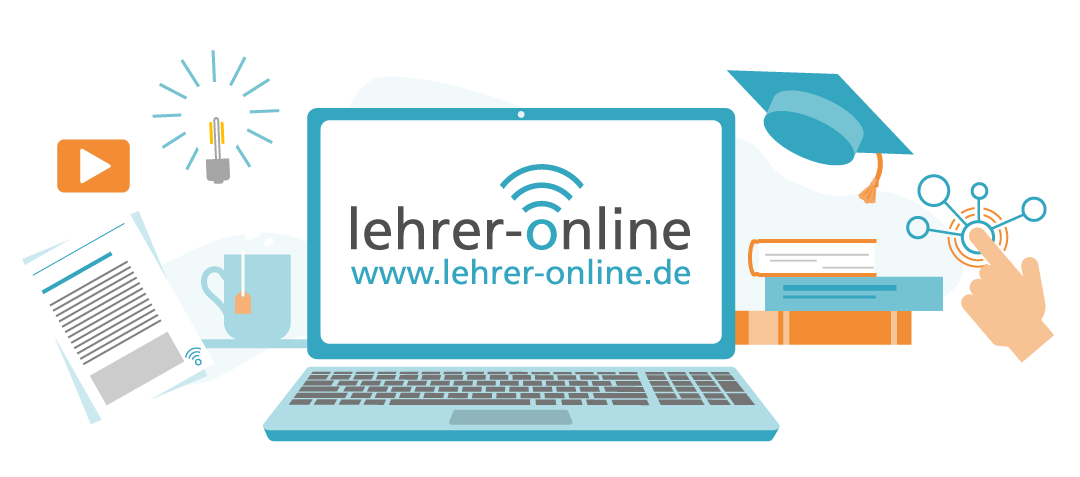 Laptop mit Lehrer-Online Logo und Arbeitsmaterialien, Video-Symbol, Glühbirne und Doktorhut